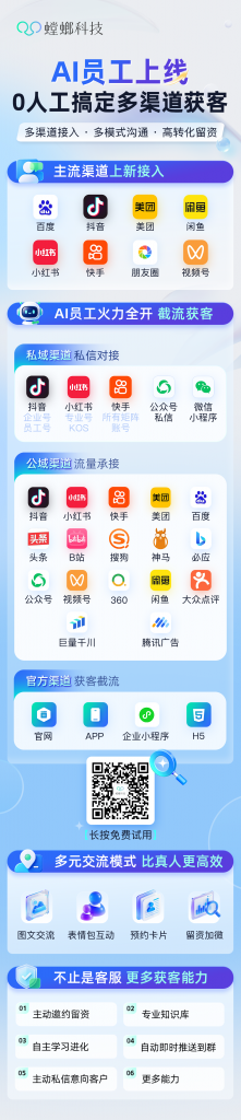 螳螂AI私信客服，支持主流渠道对接，抖音、快手、小红书、公众号、美团、百度、闲鱼都支持